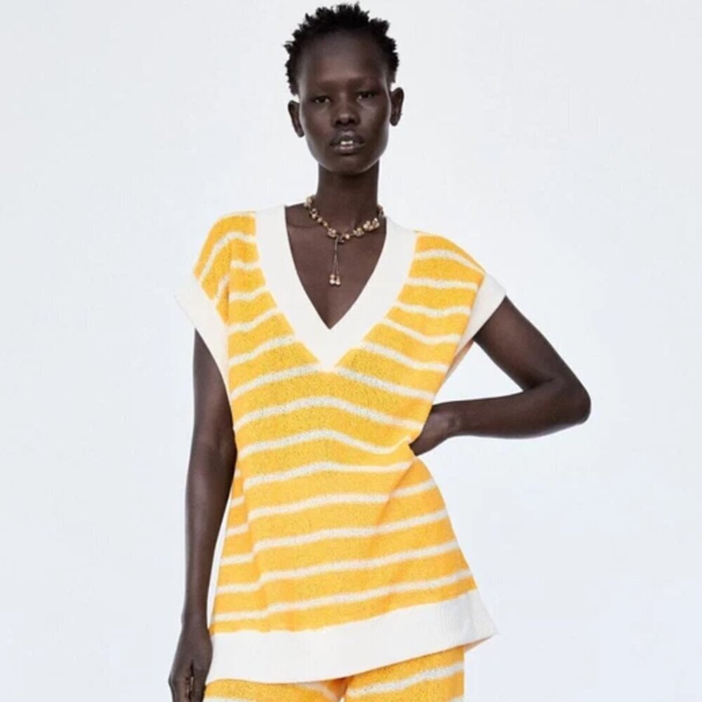 NWT New Zara Yellow White Striped Knit Top Size S